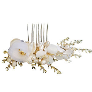 Handmade Gold & Pearl Bridal Hair Clip w/ Ivory White Silk Flowers and Petals